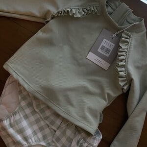 Petit Lem Ribbed Ruffle Shoulder Top in Sage